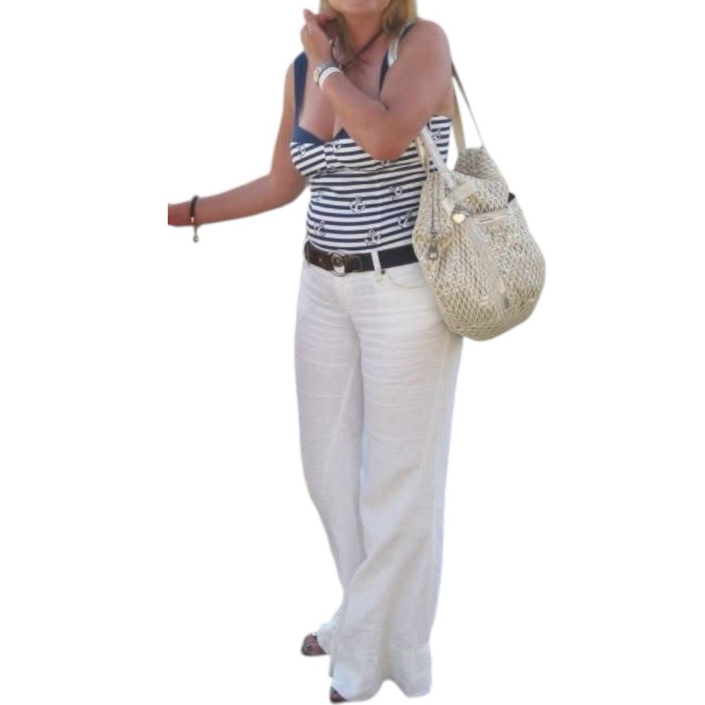 Fei for Anthropologie Jean Style White Linen Wide Leg Pants Size L